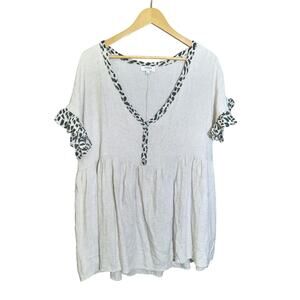 Umgee Womens Beige V-Neck Short Animal Print Ruffle Sleeves and Trim Top Size L